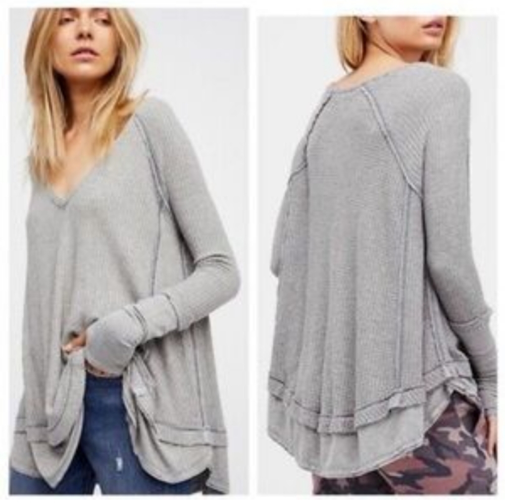 Free People Laguna Top Oversized Grey  Thermal Tunic V-neck Long Sleeve S